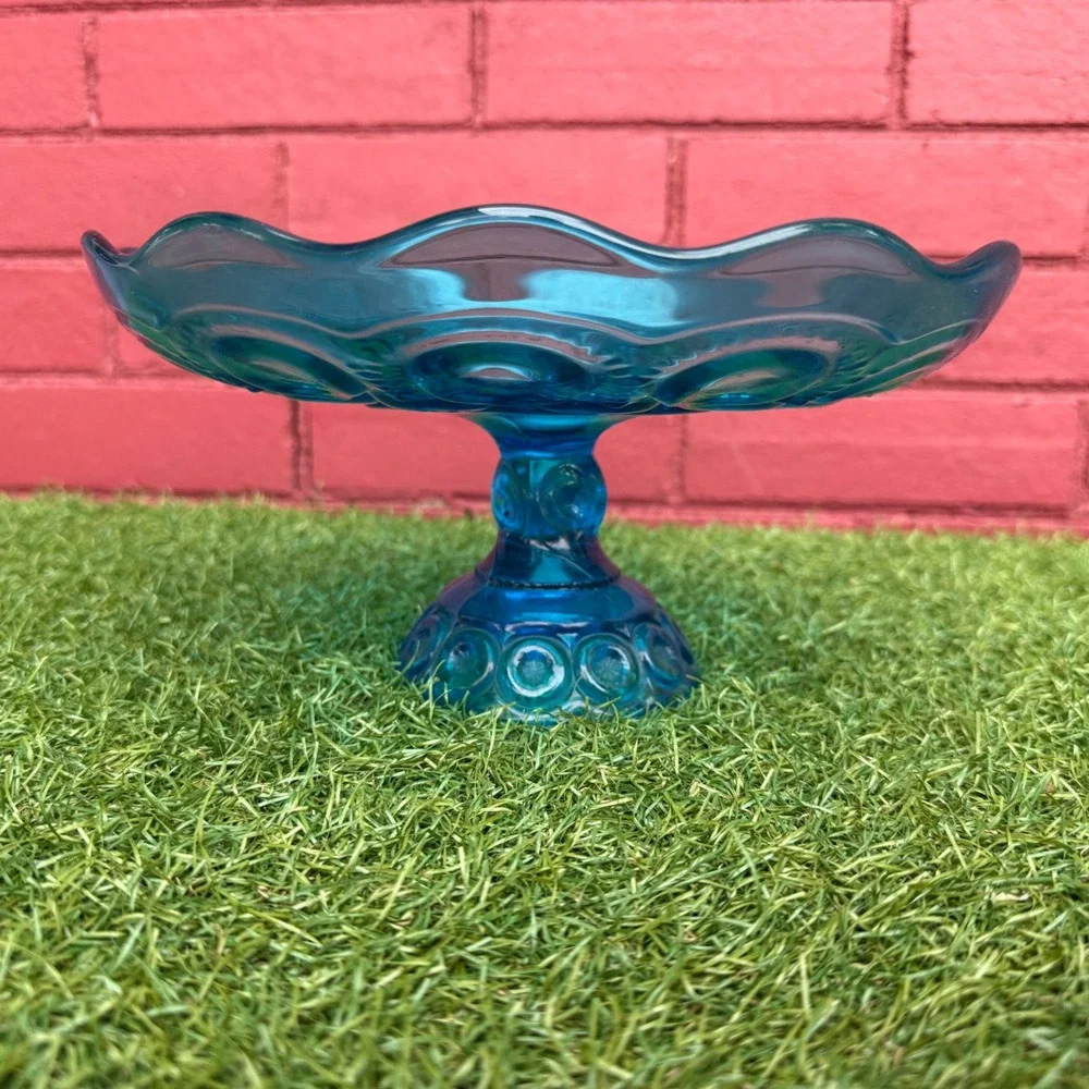 Vintage LE Smith Teal‎ Moon and Stars Glass Pedestal Cake Stand Candy Dish